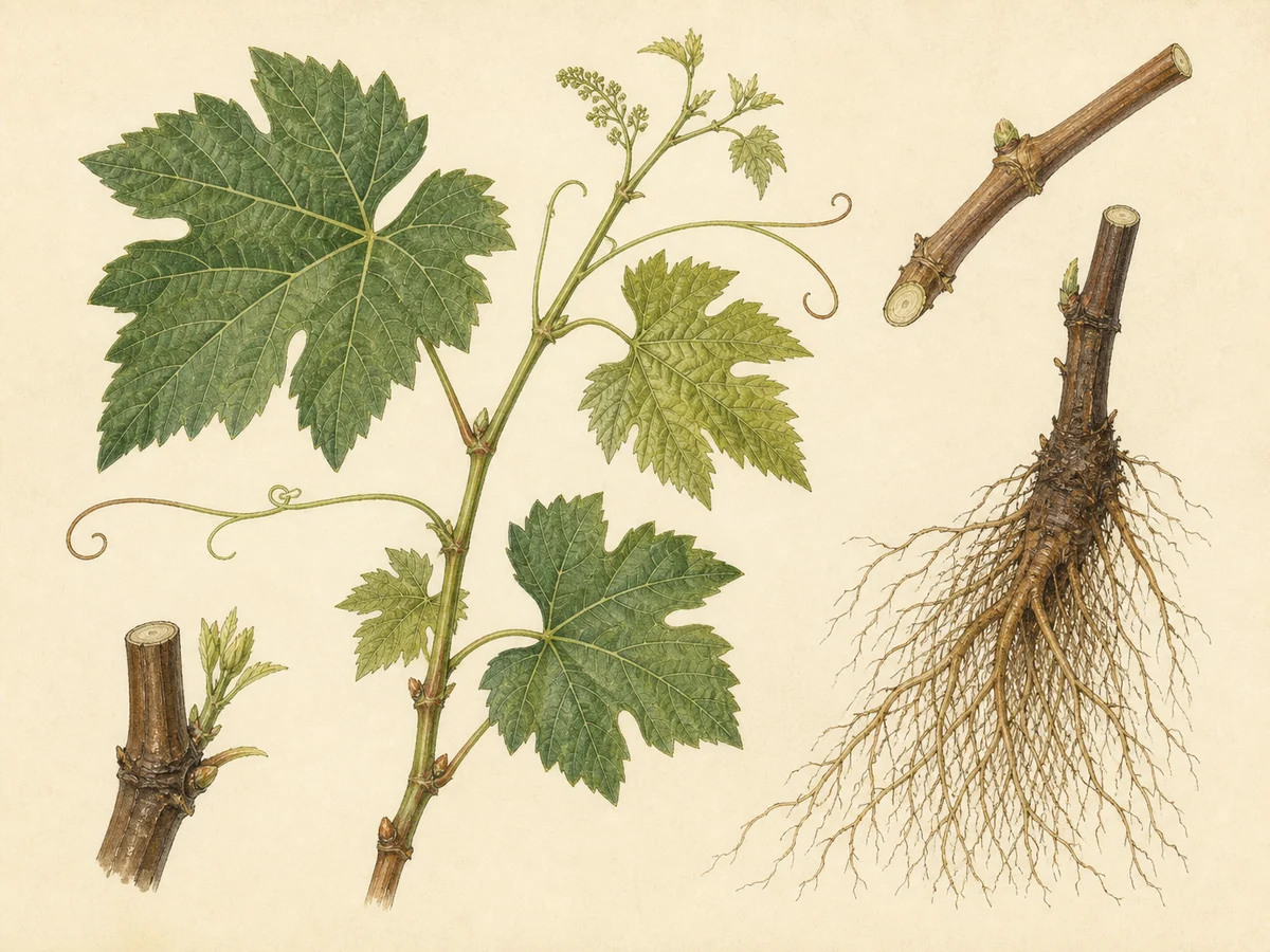 Prancha botânica complementar de Porta-enxerto 101-14 MGt (Vitis riparia × Vitis rupestris '101-14 MGt') com caracteres de identificação e ciclo de vida