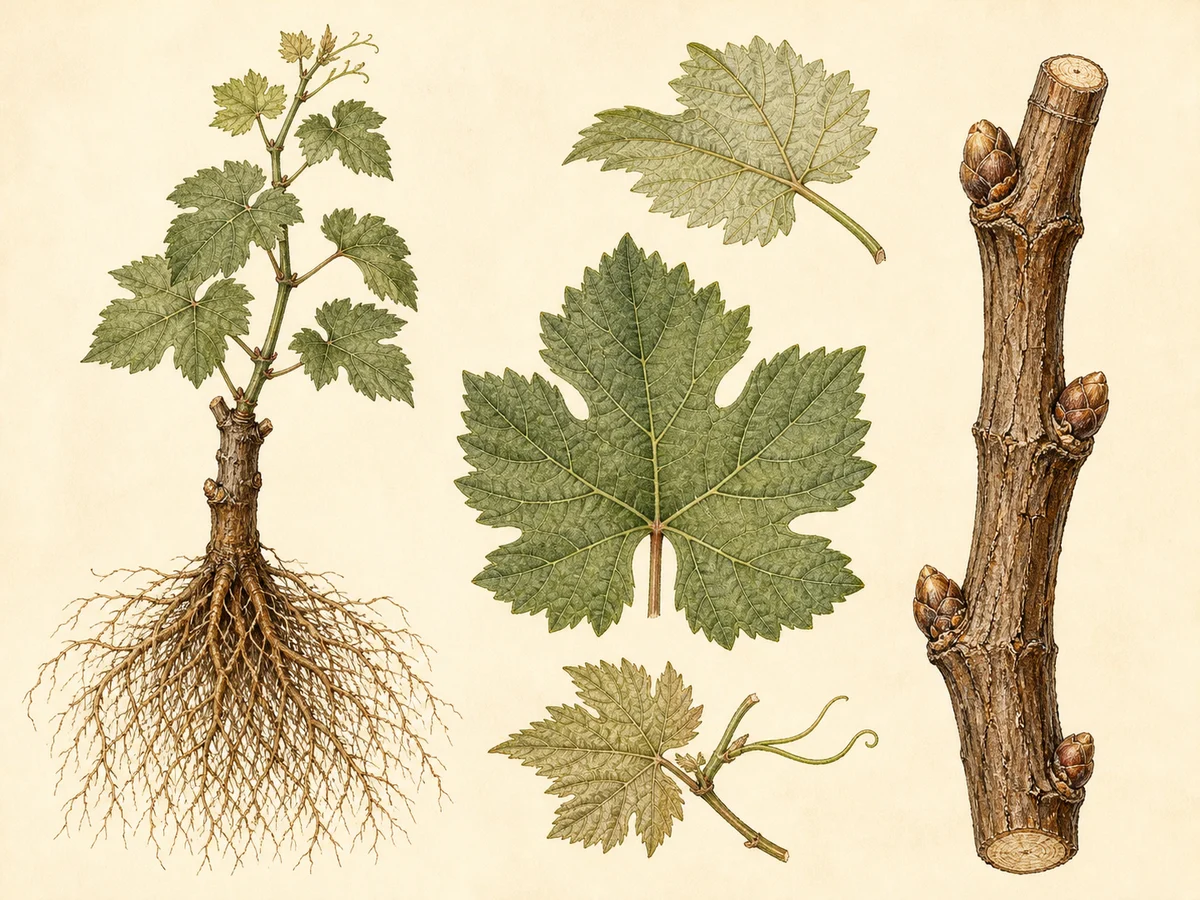 Prancha botânica complementar de Porta-enxerto 110 Richter (Vitis berlandieri × Vitis rupestris '110 R') com caracteres de identificação e ciclo de vida