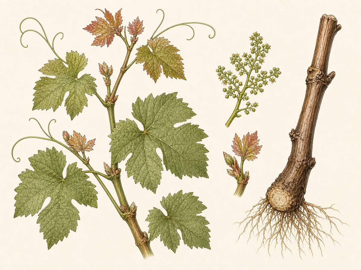 Prancha botânica complementar de Porta-enxerto 1103 Paulsen (Vitis berlandieri × Vitis rupestris '1103 P') com caracteres de identificação e ciclo de vida
