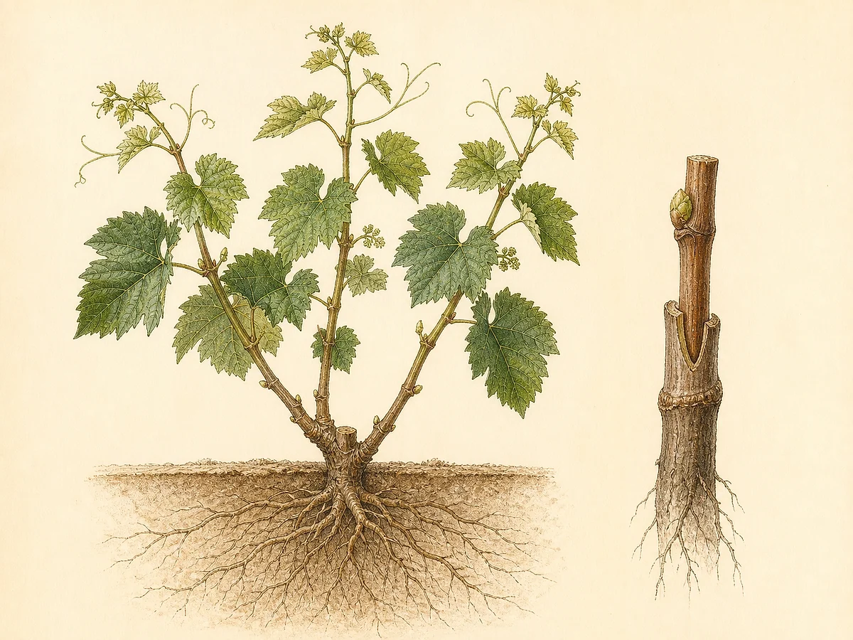 Prancha botânica complementar de Porta-enxerto 140 Ruggeri (Vitis berlandieri × Vitis rupestris '140 Ru') com caracteres de identificação e ciclo de vida
