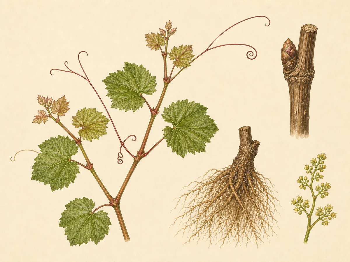 Prancha botânica complementar de Porta-enxerto 161-49 Couderc (Vitis riparia × Vitis berlandieri '161-49 C') com caracteres de identificação e ciclo de vida