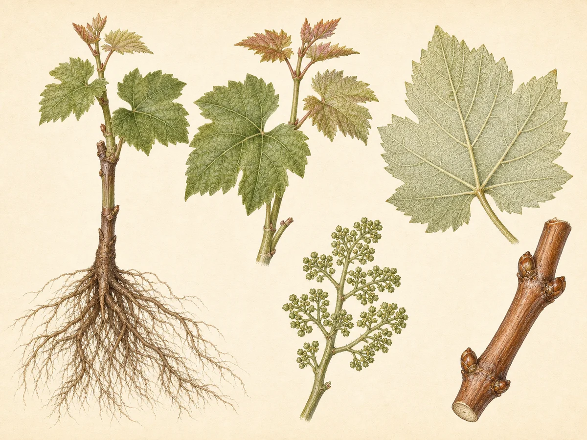 Prancha botânica complementar de Porta-enxerto 41 B (Vitis berlandieri × Vitis vinifera '41 B MGt') com caracteres de identificação e ciclo de vida