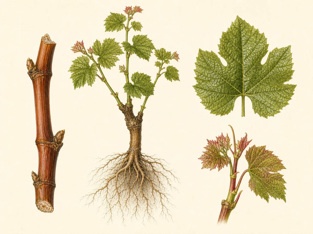 Prancha botânica complementar de Porta-enxerto 420A MGt (Vitis berlandieri × Vitis riparia '420 A MGt') com caracteres de identificação e ciclo de vida