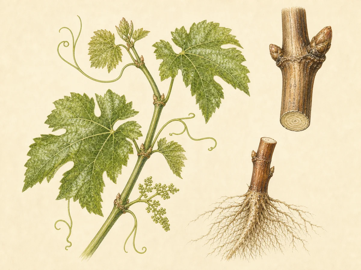 Prancha botânica complementar de Porta-enxerto 99 Richter (Vitis berlandieri × Vitis rupestris '99 R') com caracteres de identificação e ciclo de vida