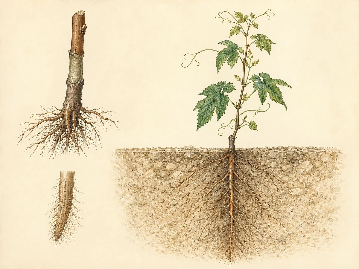 Prancha botânica complementar de Porta-enxerto Fercal (Vitis hybrid 'Fercal') com caracteres de identificação e ciclo de vida