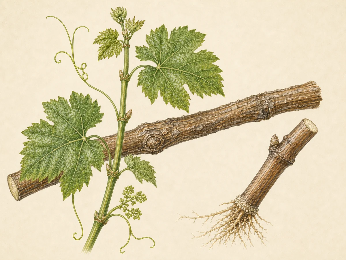 Prancha botânica complementar de Porta-enxerto Gravesac (Vitis hybrid 'Gravesac') com caracteres de identificação e ciclo de vida