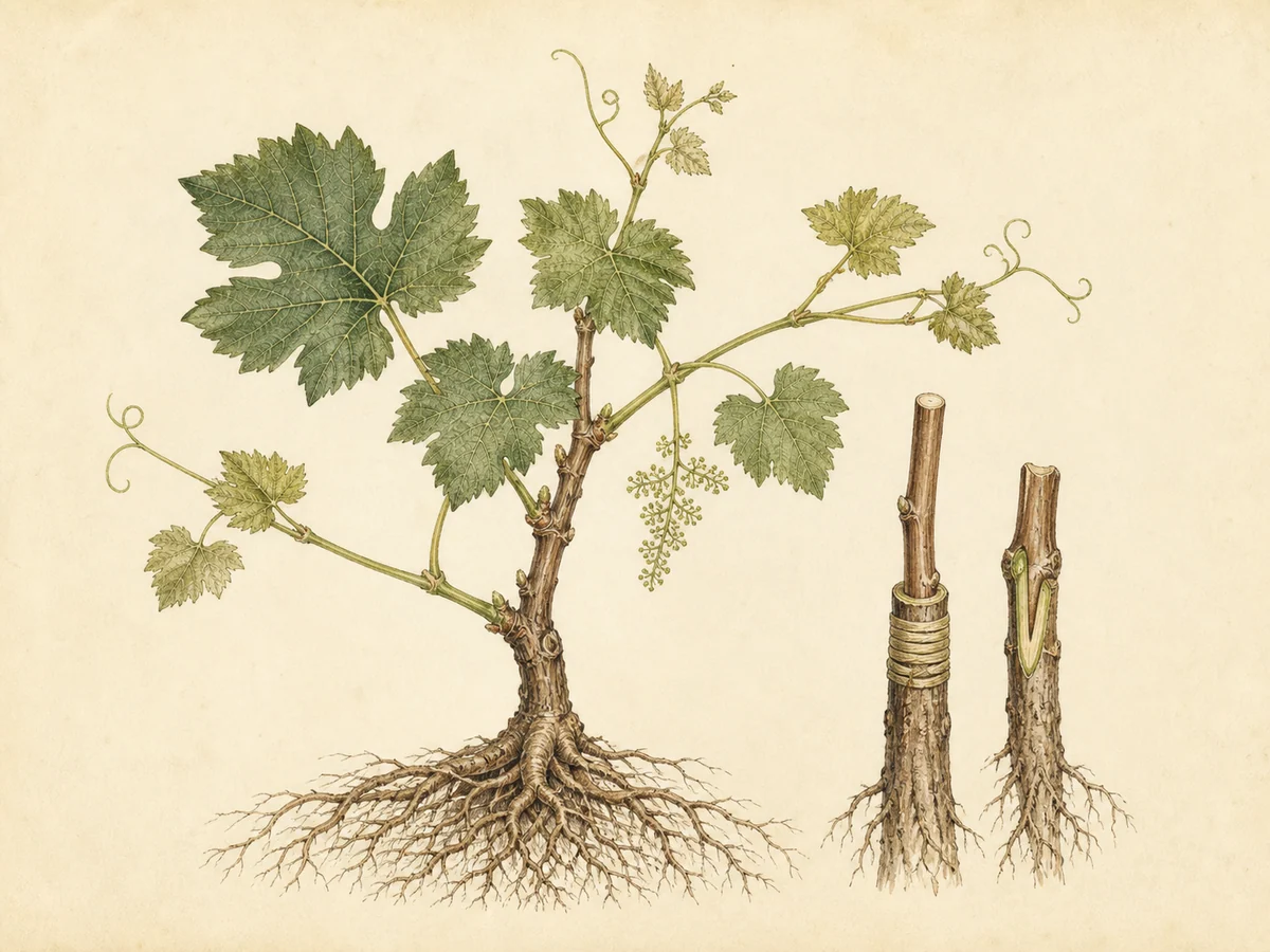 Prancha botânica complementar de Porta-enxerto Kober 5BB (Vitis berlandieri × Vitis riparia '5 BB') com caracteres de identificação e ciclo de vida