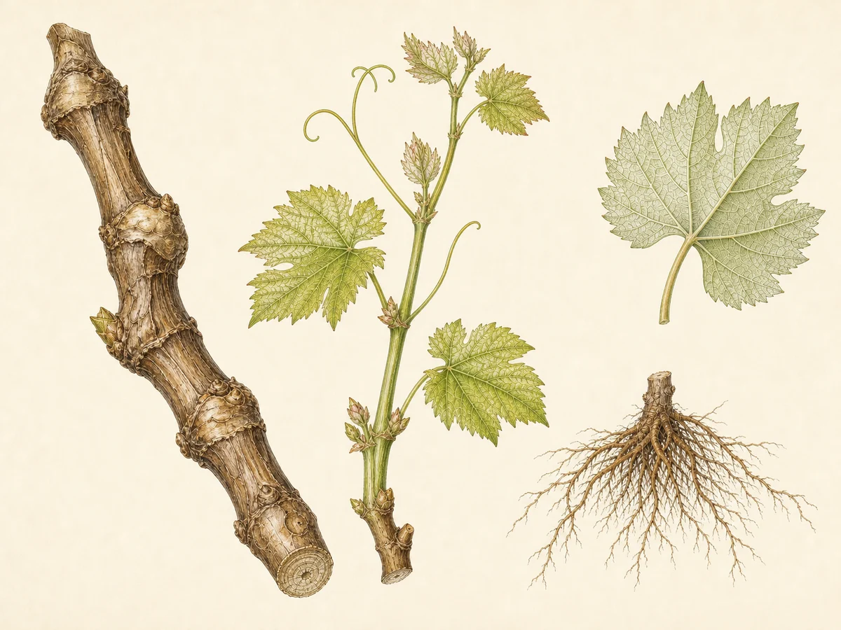 Prancha botânica complementar de Porta-enxerto SO4 (Vitis berlandieri × Vitis riparia 'SO 4') com caracteres de identificação e ciclo de vida