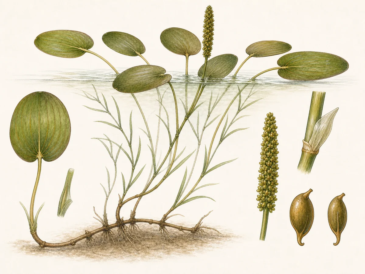Prancha botânica complementar de Potamogéton-flutuante (Potamogeton natans) com caracteres de identificação e ciclo de vida