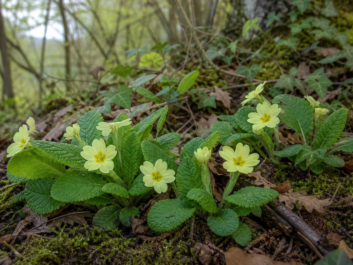 Prancha botânica complementar de Prímula-sem-caule (Primula acaulis subsp. acaulis) com caracteres de identificação e ciclo de vida