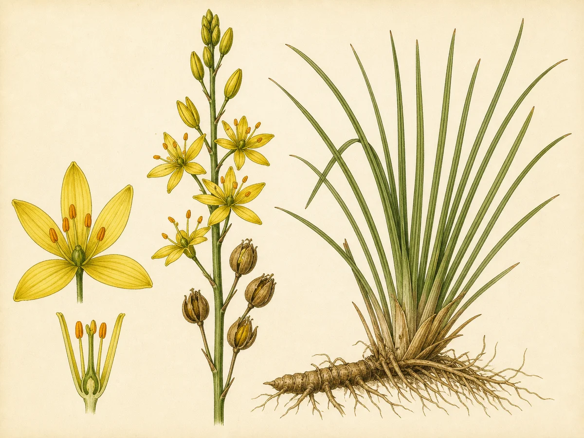 Prancha botânica complementar de Quebra-ossos (Narthecium ossifragum) com caracteres de identificação e ciclo de vida