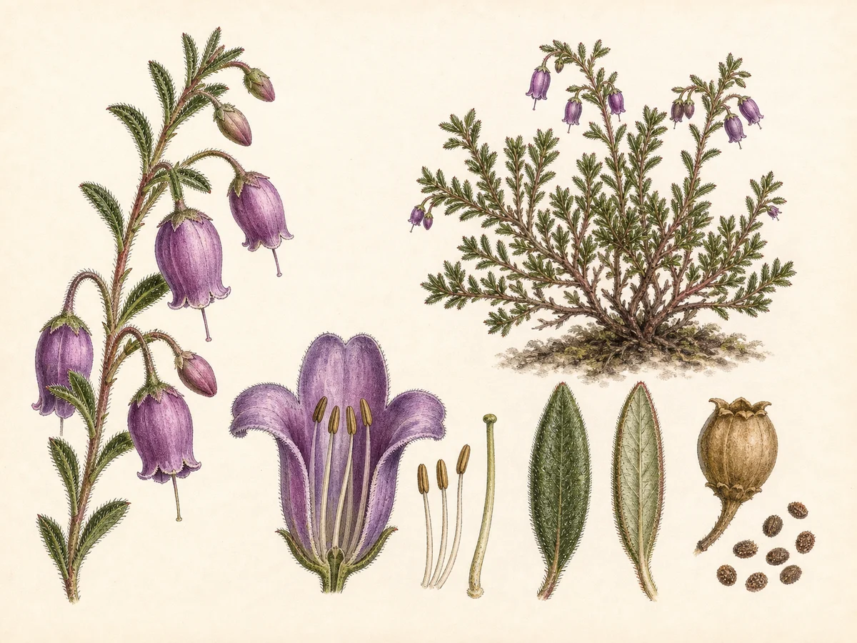 Prancha botânica complementar de Queiró-dos-Açores (Daboecia azorica) com caracteres de identificação e ciclo de vida