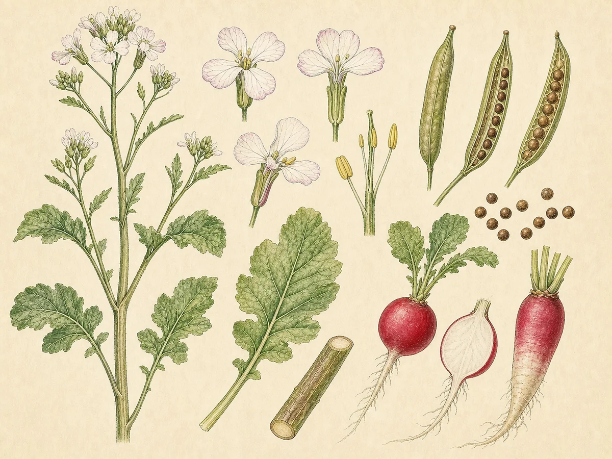 Prancha botânica complementar de Rabanete (Raphanus sativus) com caracteres de identificação e ciclo de vida