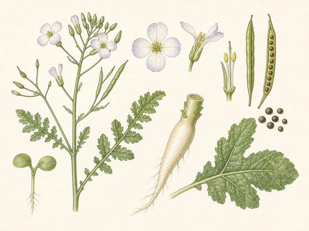 Prancha botânica complementar de Rábano-daikon (Raphanus sativus Longipinnatus Group) com caracteres de identificação e ciclo de vida