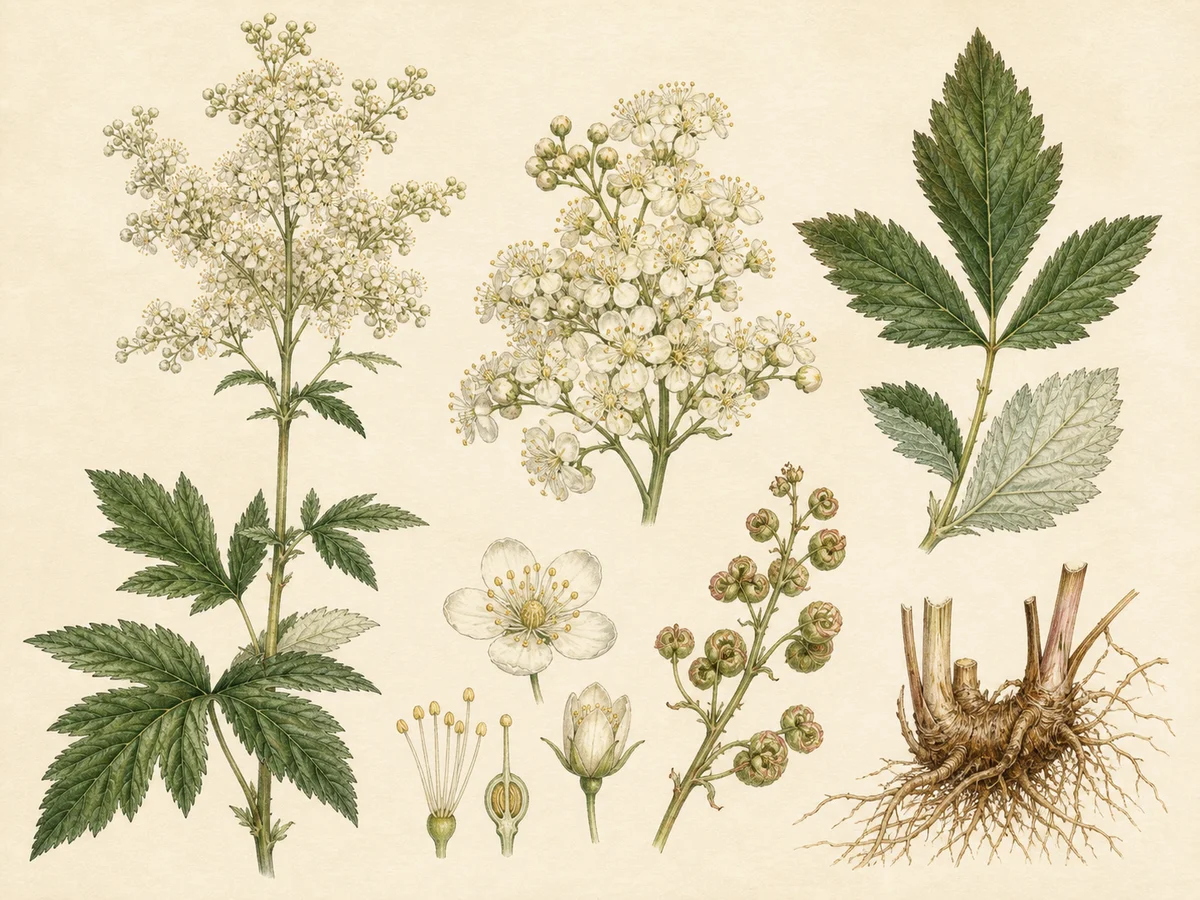 Prancha botânica complementar de Rainha-dos-prados (Filipendula ulmaria) com caracteres de identificação e ciclo de vida