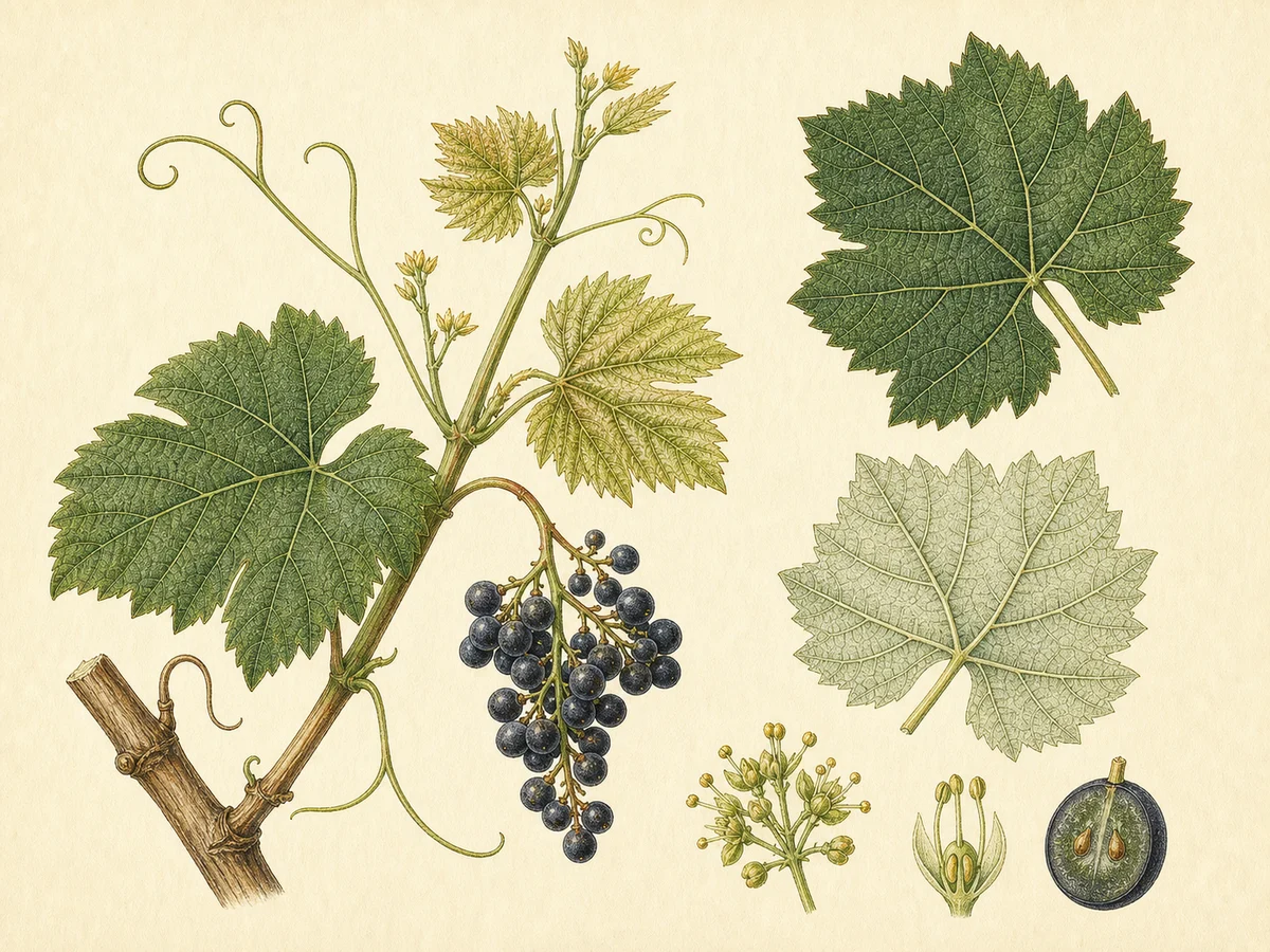 Prancha botânica complementar de Videira Ramisco (Vitis vinifera 'Ramisco') com caracteres de identificação e ciclo de vida