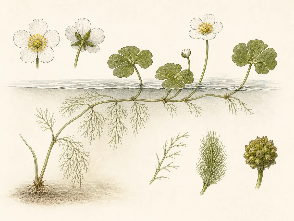 Prancha botânica complementar de Ranúnculo-aquático (Ranunculus peltatus) com caracteres de identificação e ciclo de vida