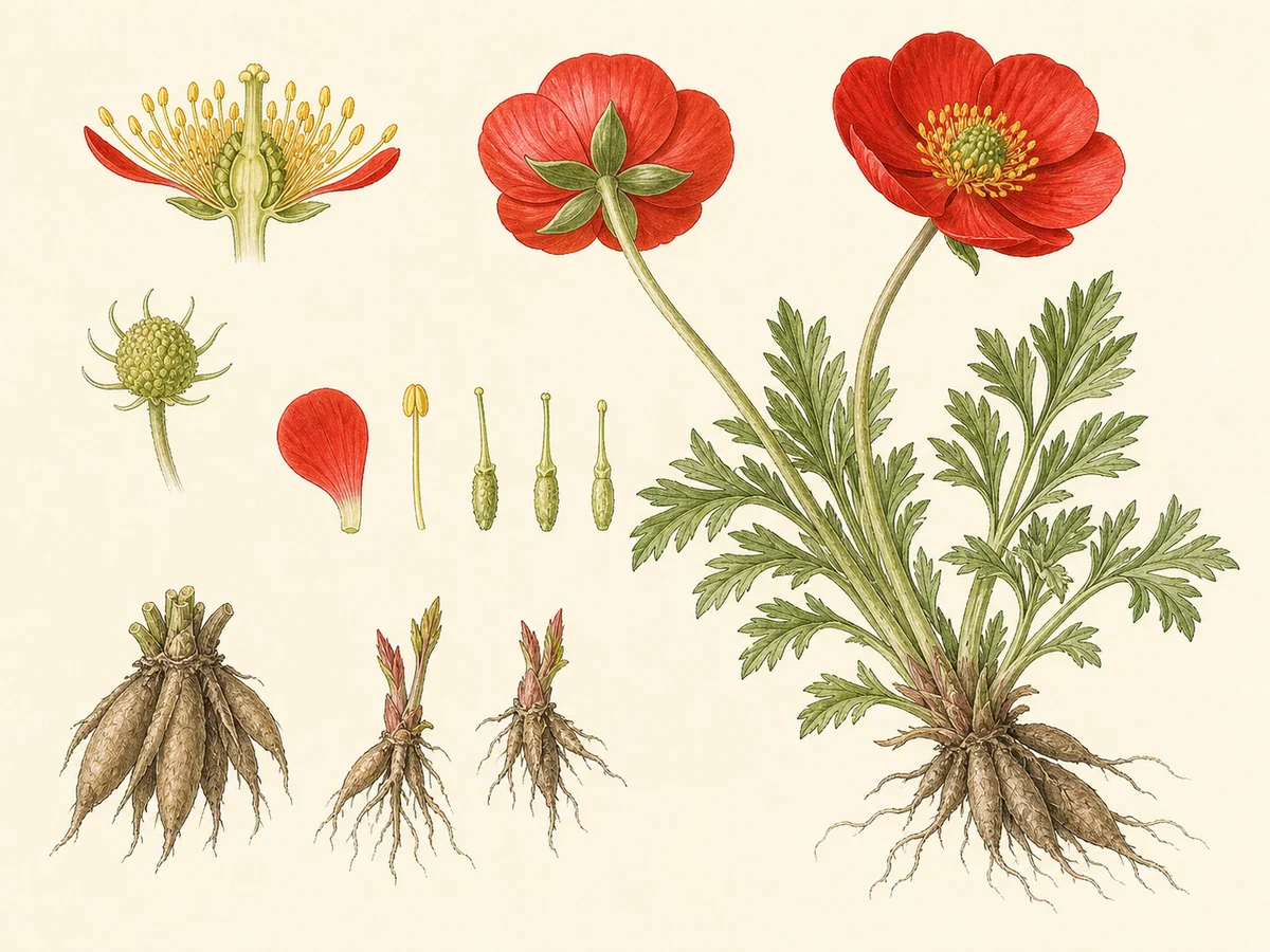 Prancha botânica complementar de Ranúnculo-da-Pérsia (Ranunculus asiaticus) com caracteres de identificação e ciclo de vida