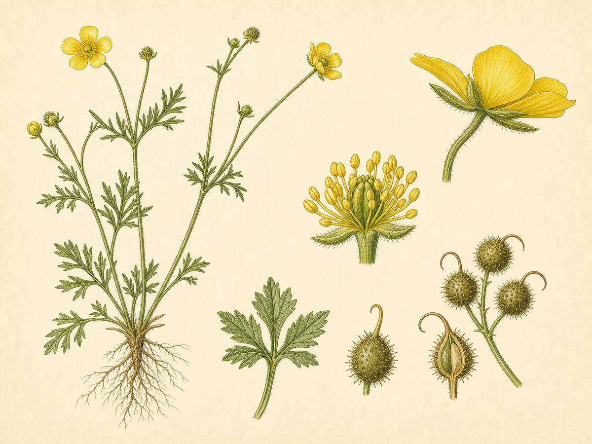Prancha botânica complementar de Ranúnculo-dos-campos (Ranunculus arvensis) com caracteres de identificação e ciclo de vida