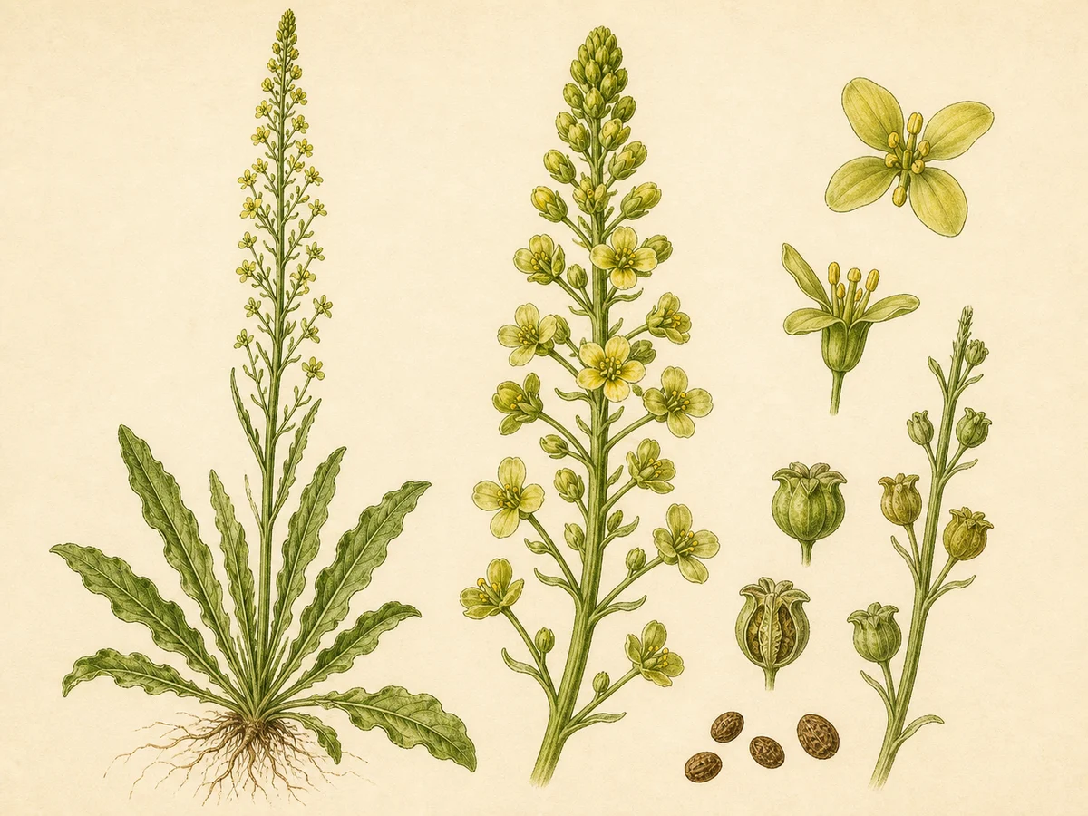Prancha botânica complementar de Reseda-dos-tintureiros (Reseda luteola) com caracteres de identificação e ciclo de vida