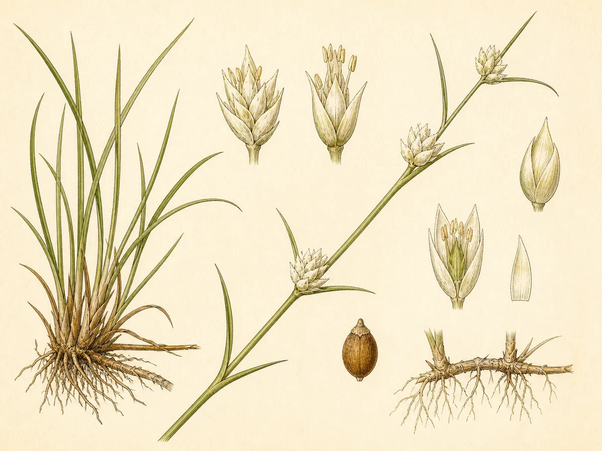 Prancha botânica complementar de Rhynchospora-branca (Rhynchospora alba) com caracteres de identificação e ciclo de vida