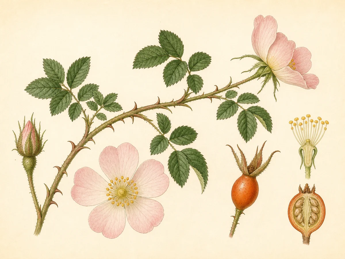 Prancha botânica complementar de Roseira-brava-da-Madeira (Rosa mandonii) com caracteres de identificação e ciclo de vida