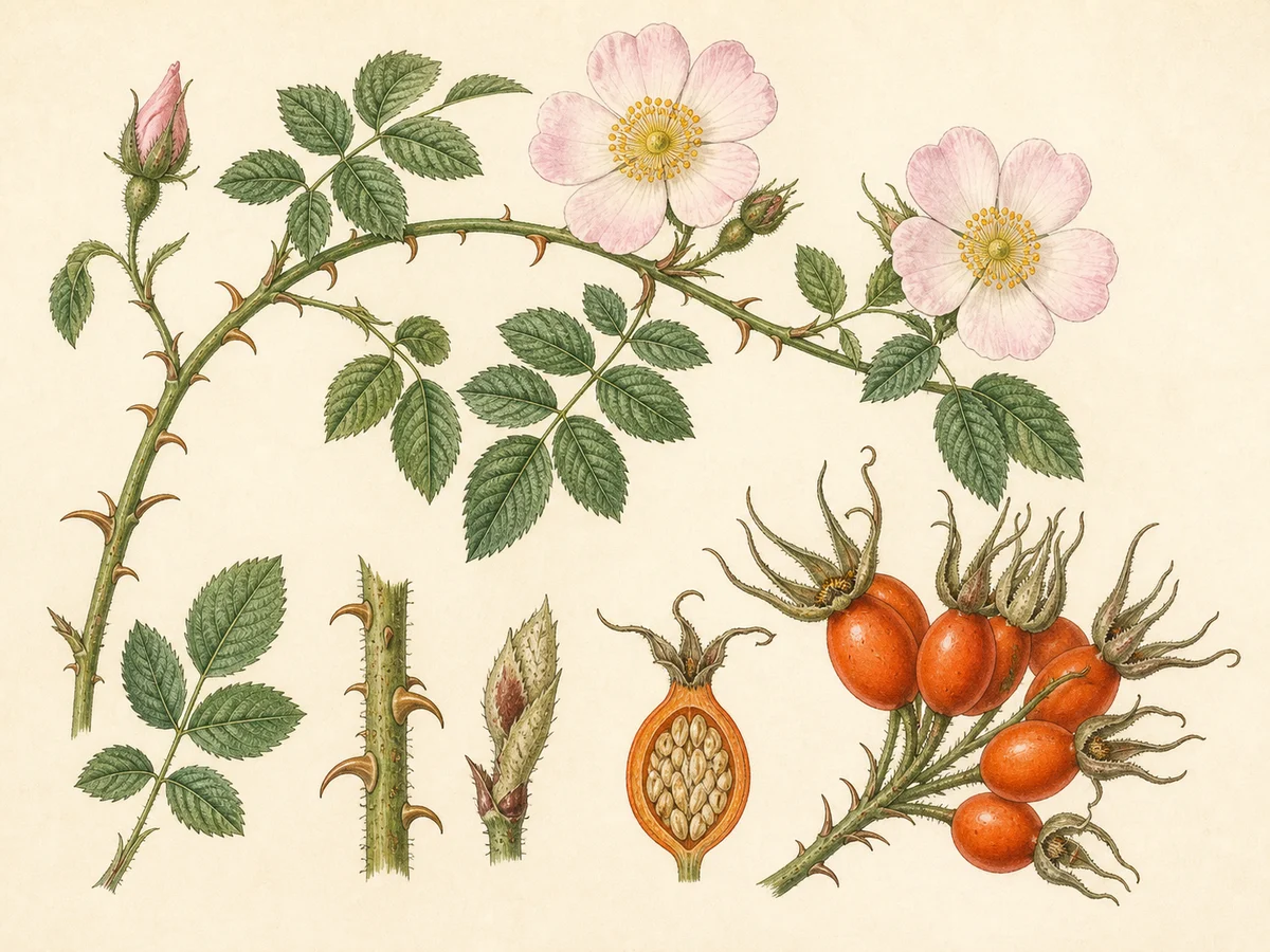 Prancha botânica complementar de Roseira-brava (Rosa canina) com caracteres de identificação e ciclo de vida