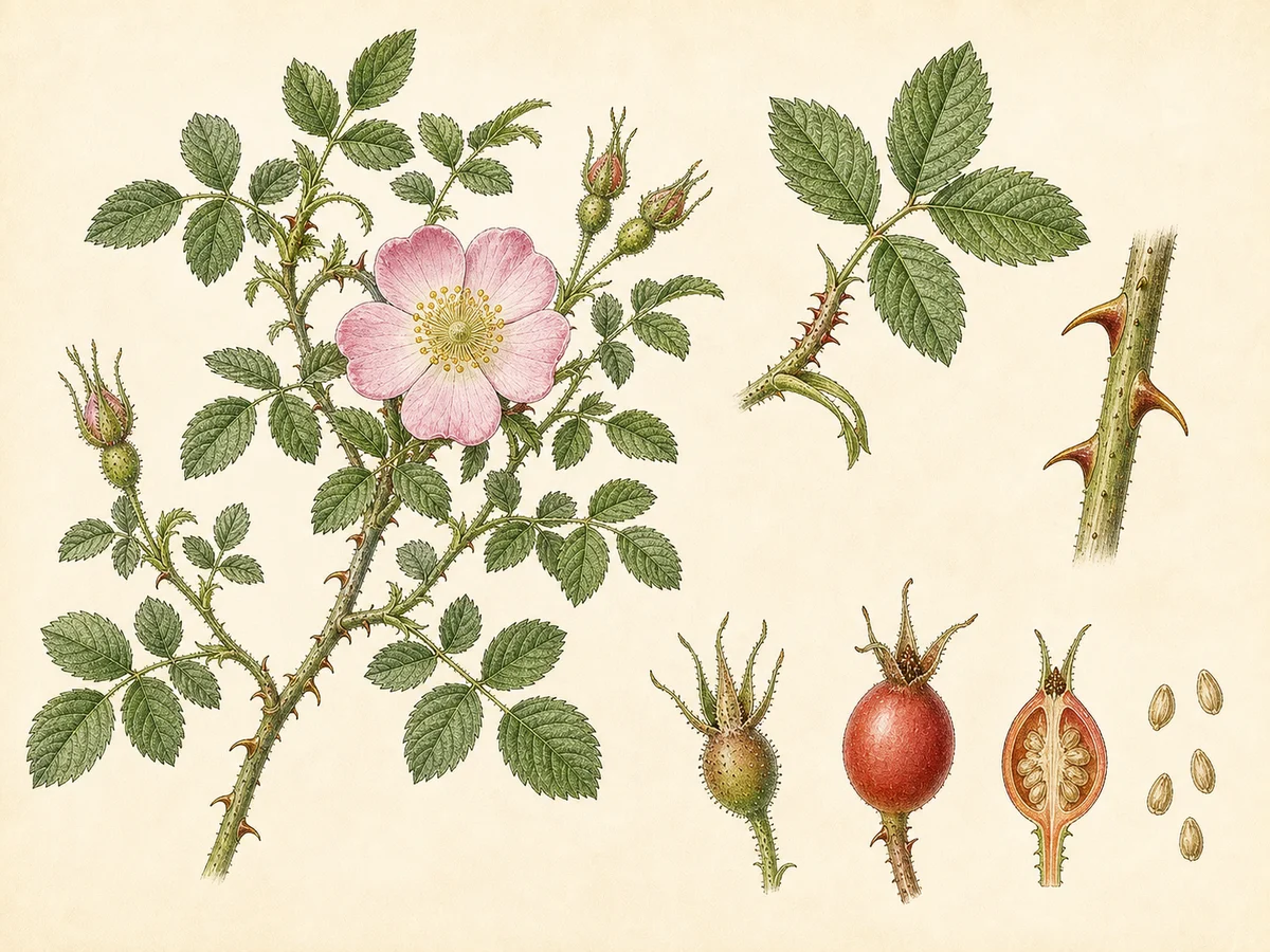Prancha botânica complementar de Roseira-ferrugínea (Rosa rubiginosa) com caracteres de identificação e ciclo de vida