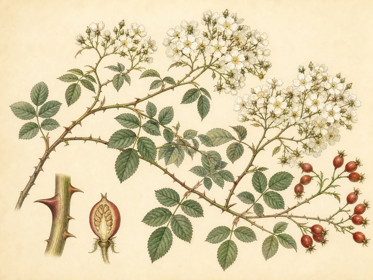 Prancha botânica complementar de Roseira-multiflora (Rosa multiflora) com caracteres de identificação e ciclo de vida