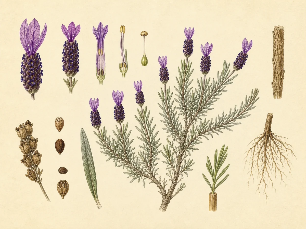 Prancha botânica complementar de Rosmaninho (Lavandula stoechas) com caracteres de identificação e ciclo de vida