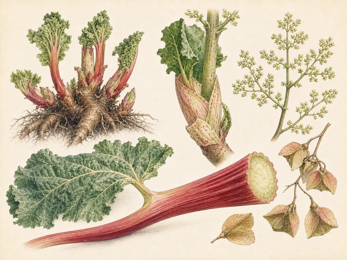 Prancha botânica complementar de Ruibarbo (Rheum × hybridum) com caracteres de identificação e ciclo de vida