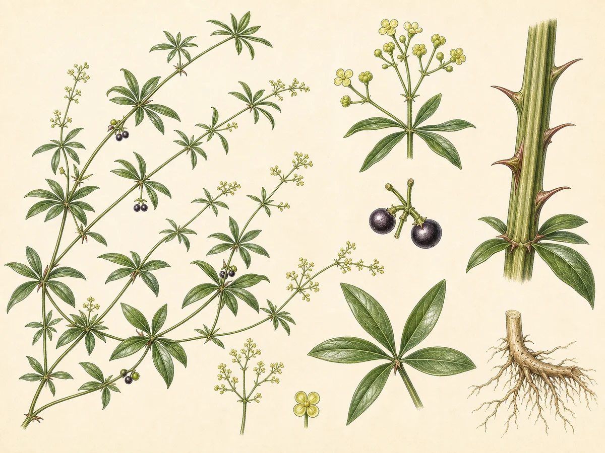 Prancha botânica complementar de Ruivinha (Rubia occidens) com caracteres de identificação e ciclo de vida