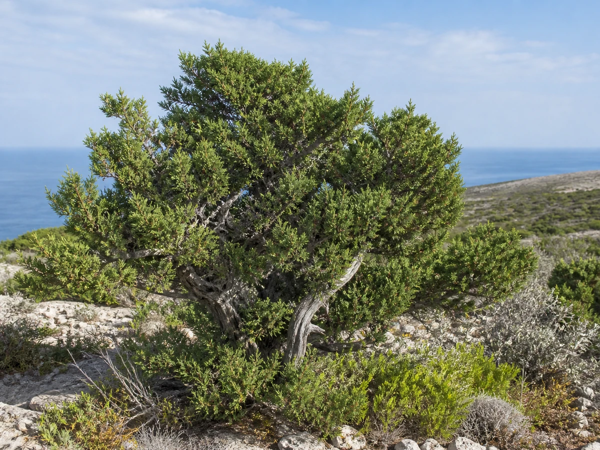 Prancha botânica complementar de Sabina-da-praia (Juniperus turbinata subsp. turbinata) com caracteres de identificação e ciclo de vida