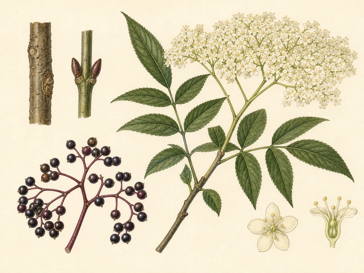 Prancha botânica complementar de Sabugueiro-da-Madeira (Sambucus lanceolata) com caracteres de identificação e ciclo de vida