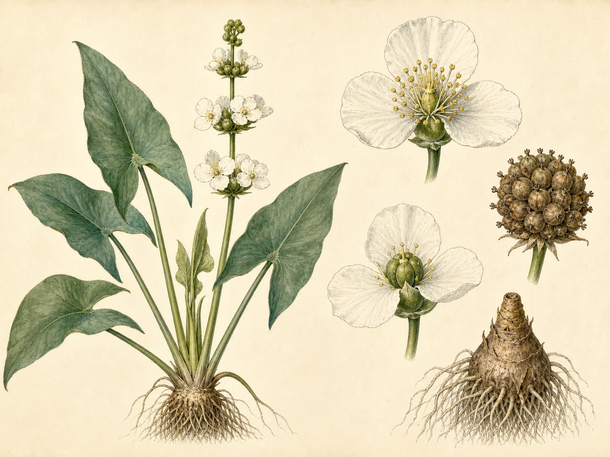 Prancha botânica complementar de Sagittaria latifolia — não plantar (Sagittaria latifolia) com caracteres de identificação e ciclo de vida