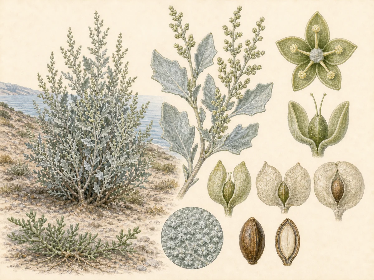 Prancha botânica complementar de Salgadeira (Atriplex halimus) com caracteres de identificação e ciclo de vida