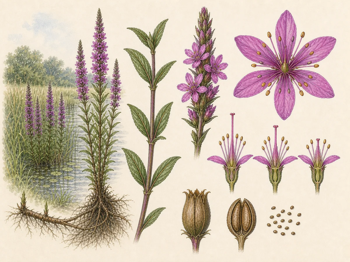 Prancha botânica complementar de Salgueirinha (Lythrum salicaria) com caracteres de identificação e ciclo de vida