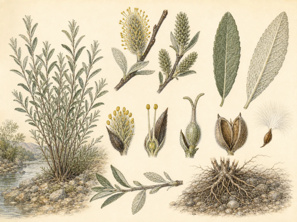Prancha botânica complementar de Salgueiro-branco (Salix salviifolia subsp. salviifolia) com caracteres de identificação e ciclo de vida