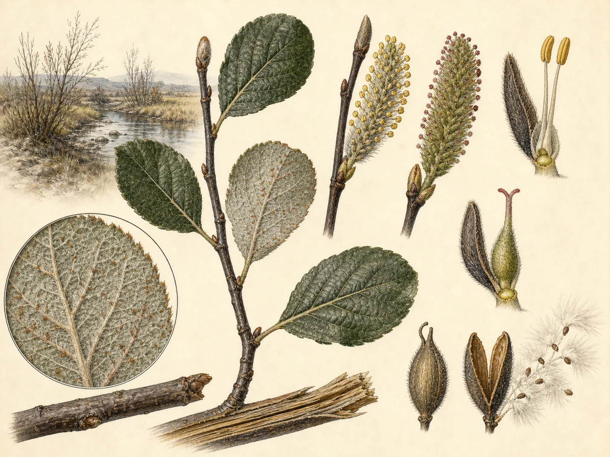 Prancha botânica complementar de Salgueiro-preto (Salix atrocinerea) com caracteres de identificação e ciclo de vida