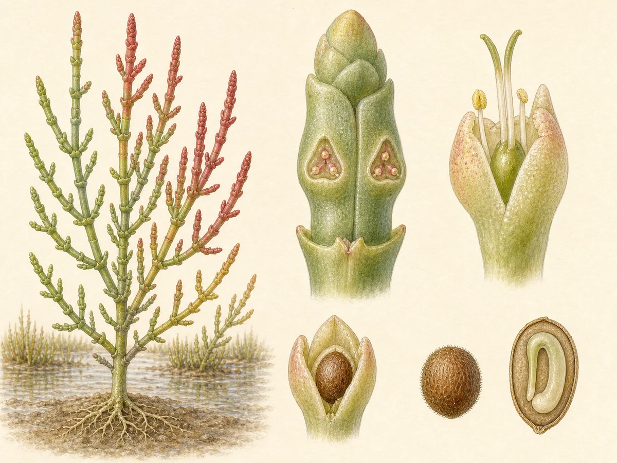 Prancha botânica complementar de Salicórnia (Salicornia ramosissima) com caracteres de identificação e ciclo de vida