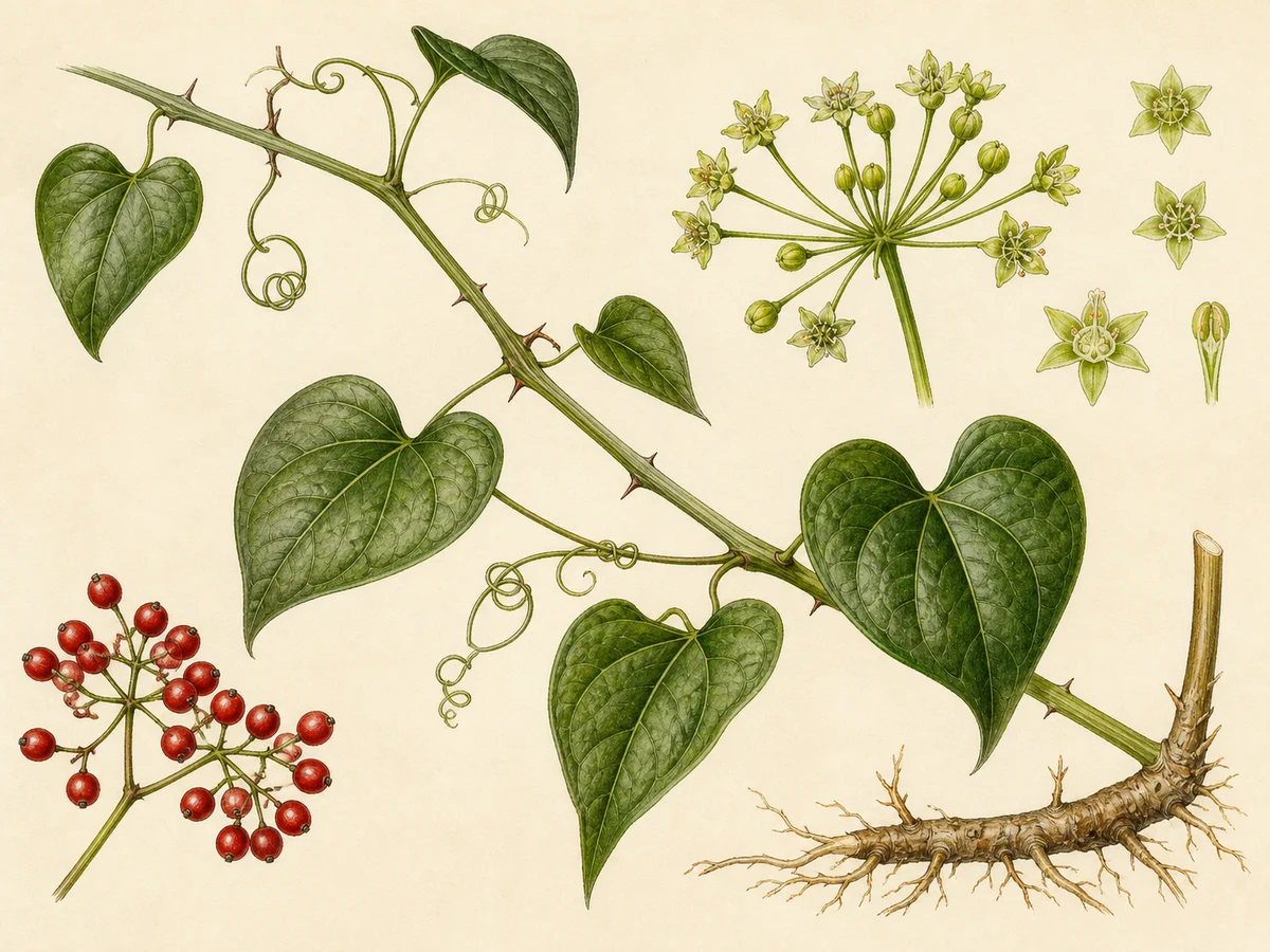 Prancha botânica complementar de Salsaparrilha-bastarda (Smilax aspera) com caracteres de identificação e ciclo de vida