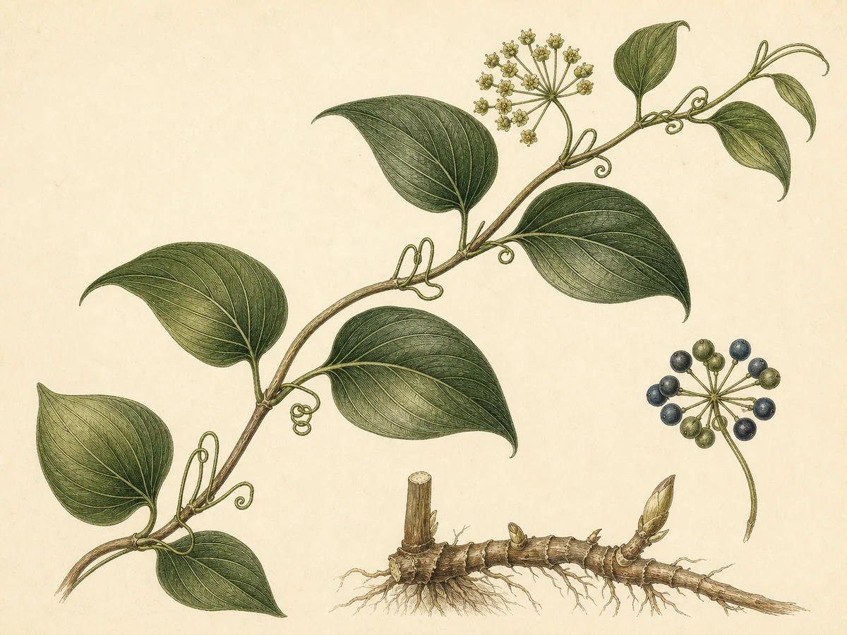 Prancha botânica complementar de Salsaparrilha-da-Madeira (Smilax pendulina) com caracteres de identificação e ciclo de vida