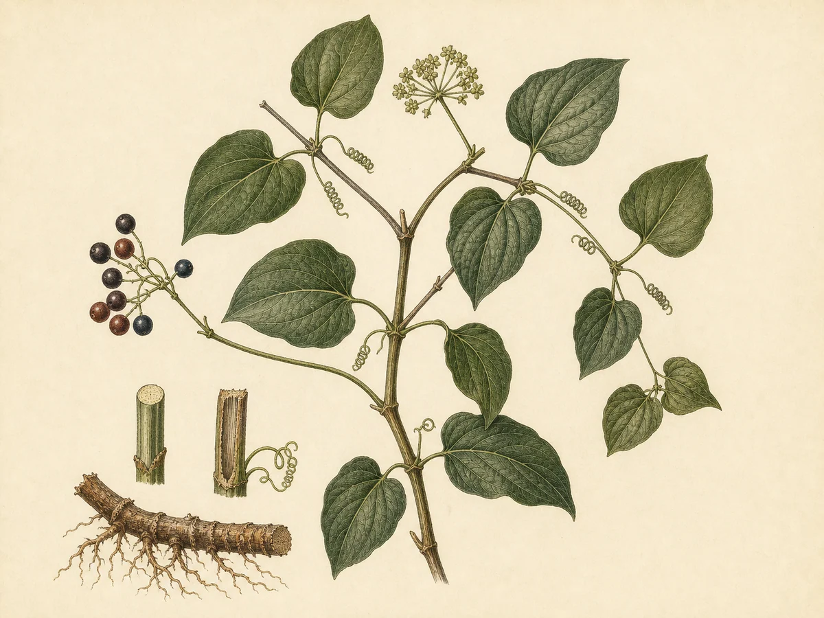 Prancha botânica complementar de Salsaparrilha-das-Canárias (Smilax canariensis) com caracteres de identificação e ciclo de vida
