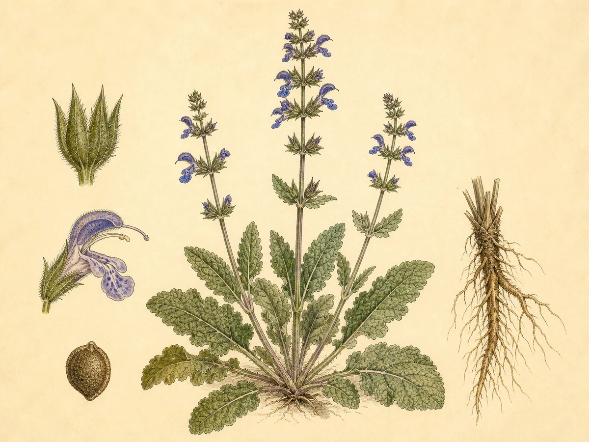 Prancha botânica complementar de Salva-dos-caminhos (Salvia verbenaca) com caracteres de identificação e ciclo de vida