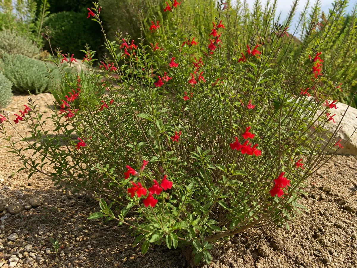 Prancha botânica complementar de Sálvia-de-Gregg (Salvia greggii) com caracteres de identificação e ciclo de vida