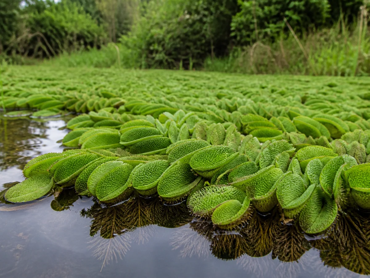 Prancha botânica complementar de Salvínia-molesta — não plantar (Salvinia molesta) com caracteres de identificação e ciclo de vida