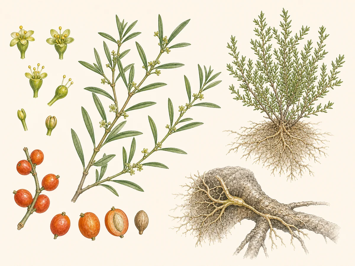Prancha botânica complementar de Sândalo-branco (Osyris lanceolata) com caracteres de identificação e ciclo de vida