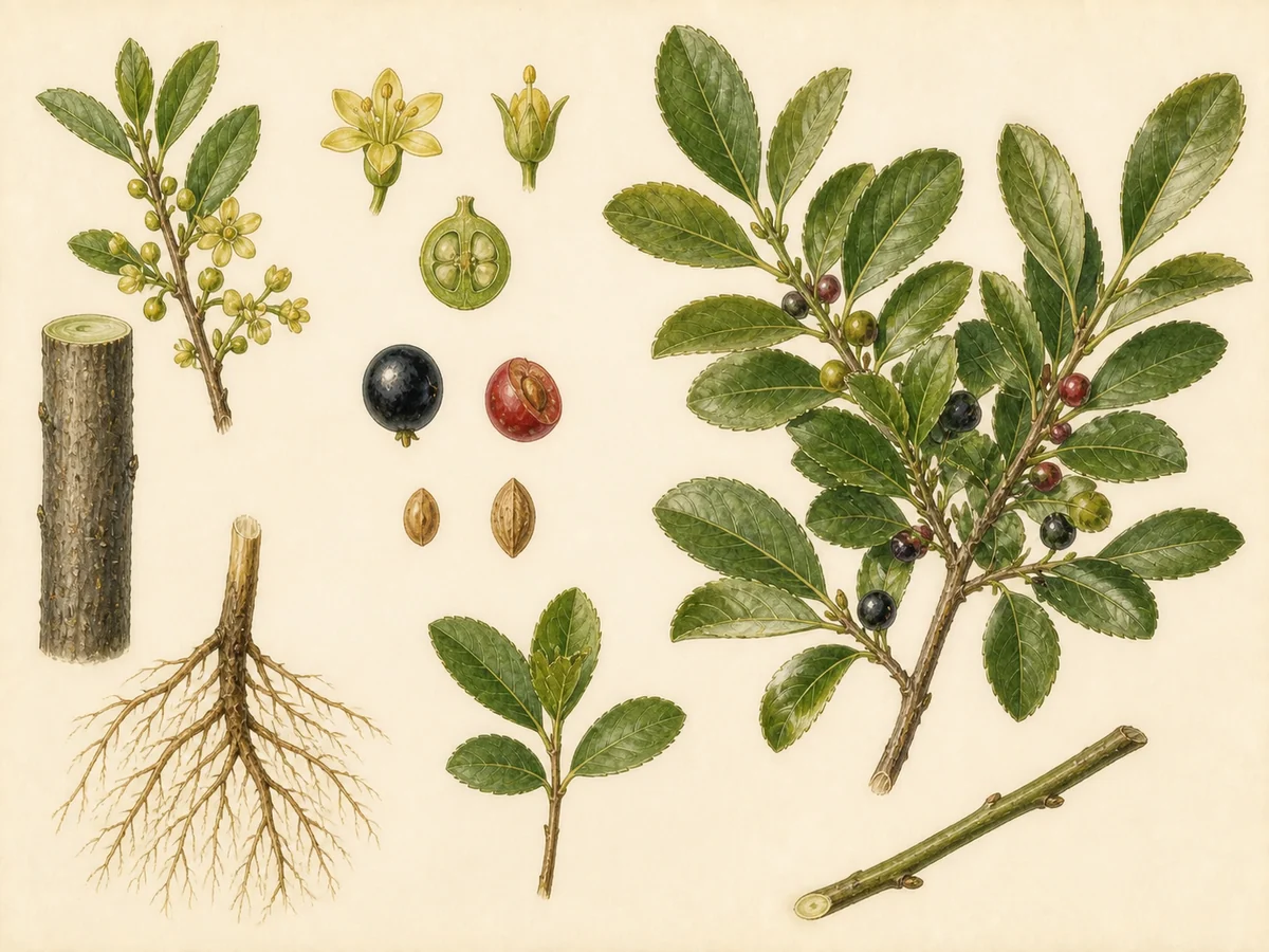 Prancha botânica complementar de Sanguinho-das-sebes (Rhamnus alaternus) com caracteres de identificação e ciclo de vida