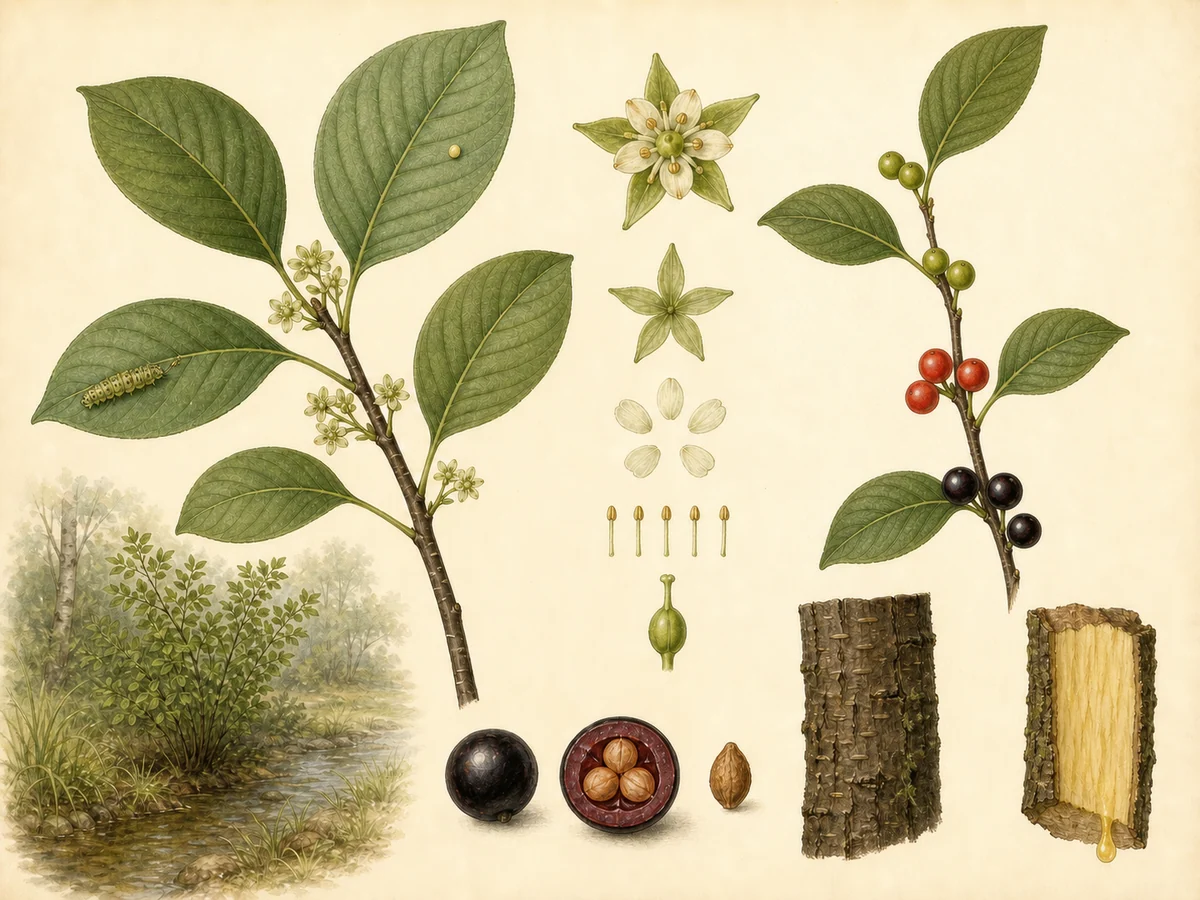 Prancha botânica complementar de Sanguinho-de-água (Frangula alnus) com caracteres de identificação e ciclo de vida
