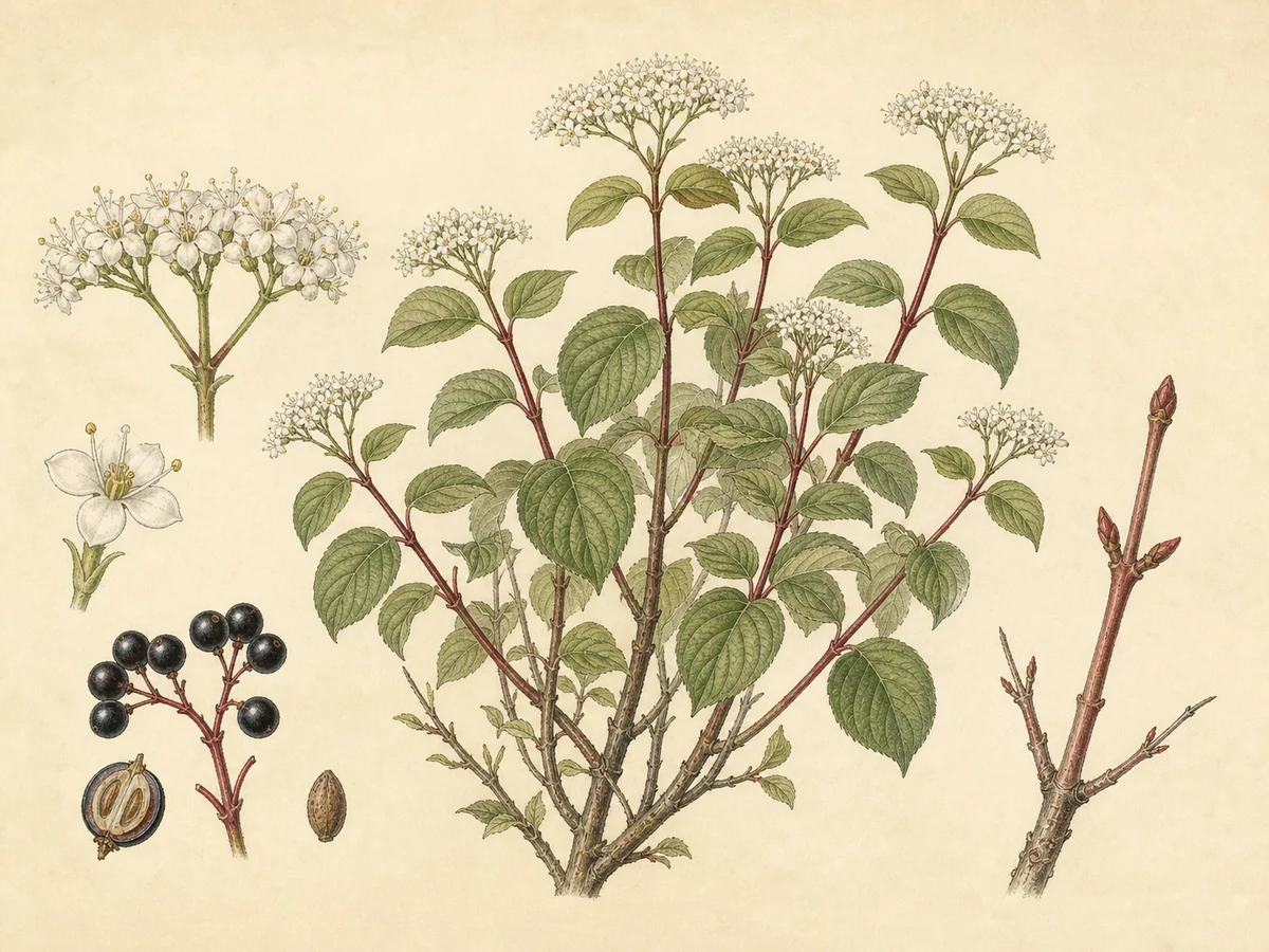 Prancha botânica complementar de Sanguinho-legítimo (Cornus sanguinea subsp. sanguinea) com caracteres de identificação e ciclo de vida